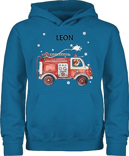 Kinder Hoodie Jungen Mädchen - Feuerwehr Auto Feuerwehrauto 112 Fire Truck Löschfahrzeug - 140 (9/11 Jahre) - Himmelblau - Name Pullover Geschenke Pulli und personalisierte für Kind Junge von Geschenk mit Namen personalisiert by Shirtracer