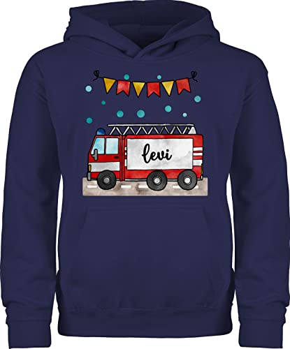 Kinder Hoodie Jungen Mädchen - Feuerwehrauto Motiv I Leiterwagen Geschenk Feuerwehr I Löschzug - 116 (5/6 Jahre) - Navy Blau - Pullover feuerwehrpullover jugendfeuerwehr Name Pulli von Geschenk mit Namen personalisiert by Shirtracer