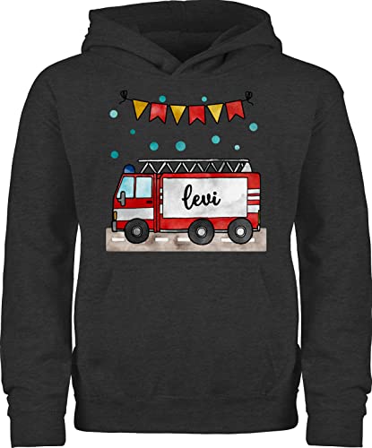 Kinder Hoodie Jungen Mädchen - Feuerwehr - Feuerwehrauto - Geschenk - 98 (1/2 Jahre) - Anthrazit meliert - jugendfeuerwehr feuerwehrmann Pullover feuerwehrgeschenk und Pulli Feuerwehrfrau Kind von Geschenk mit Namen personalisiert by Shirtracer