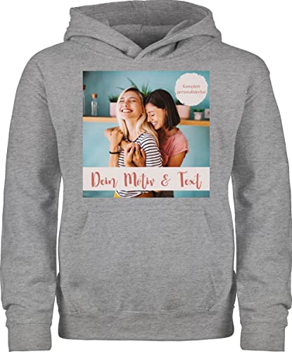 Kinder Hoodie Jungen Mädchen - eigenem - Foto Bild - 152 (12/13 Jahre) - Grau meliert - und auserwählte selber Bedrucken individuellen seinen Mein Text Personalisieren zum beschriftung selbst von Geschenk mit Namen personalisiert by Shirtracer