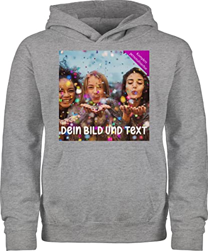 Kinder Hoodie Jungen Mädchen - Foto eigenem Bild - Fotogeschenk - 140 (9/11 Jahre) - Grau meliert - und Text von Sich Drauf selbst gestalten Bedrucken selber für Aufdruck eigenes Namen. Design von Geschenk mit Namen personalisiert by Shirtracer