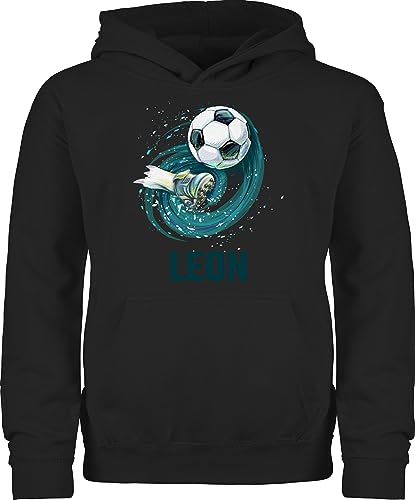 Kinder Hoodie Jungen Mädchen - Fußball Schuss Cool Fußballfan | Fußballgeschenkideen - 116 (5/6 Jahre) - Schwarz - Geschenke Fussball Kind fussballgeschenke fußballfans Leon Pullover Hoodi Name von Geschenk mit Namen personalisiert by Shirtracer
