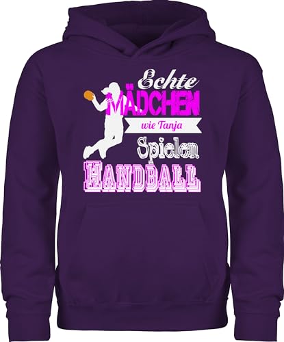 Kinder Hoodie Jungen - Geschenke - Echte Mädchen Spielen Handball - mit Name - 152 (12/13 Jahre) - Lila - Handballer echt Hoody Teenager zubehör Pulli Kapuzenpulli Hoodies Pullover von Geschenk mit Namen personalisiert by Shirtracer