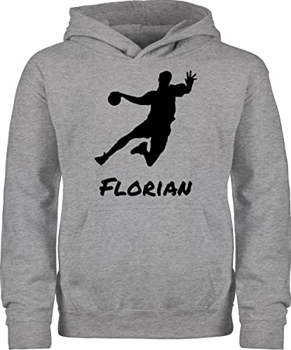 Kinder Hoodie Jungen Mädchen - Geschenke Handball - Handballer Silhouette mit Name - 152 (12/13 Jahre) - Grau meliert - zubehör personalisiertes Pulli Pullover von Geschenk mit Namen personalisiert by Shirtracer