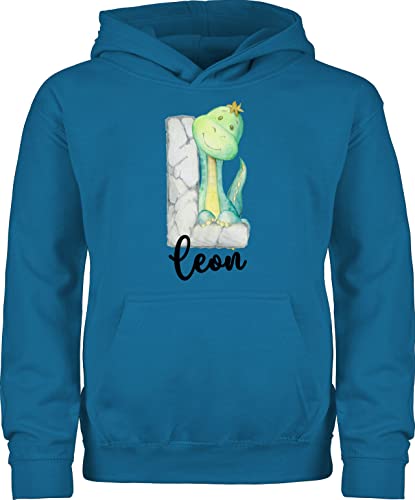 Kinder Hoodie Jungen Mädchen - Individuelles Name Anfangsbuchstabe für Junge - Dinos Dinosaurier Dino Buchstabe - 128 (7/8 Jahre) - Himmelblau - als anfangsbuchstaben dem buchstaben individuellen von Geschenk mit Namen personalisiert by Shirtracer