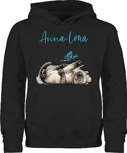 Kinder Hoodie Jungen Mädchen - Katzen - Süße verspielte Katze Cat - 128 (7/8 Jahre) - Schwarz - katzenliebhaberin katzenmotiv Geschenke personalisierte Name Katzenliebhaber katzenmotiven Pullover von Geschenk mit Namen personalisiert by Shirtracer