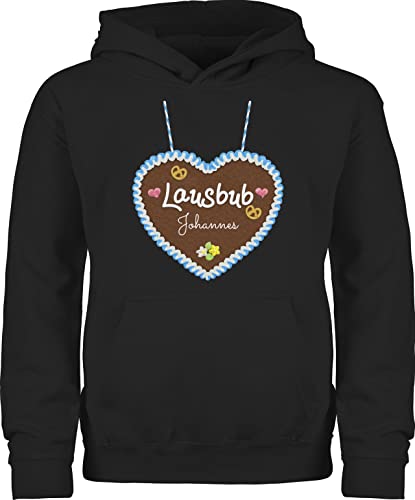 Kinder Hoodie Jungen Mädchen - Kompatibel Oktoberfest - Lausbub - Lebkuchenherz und Dein Name - 116 (5/6 Jahre) - Schwarz - tracht lebkuchenherzen pullover bayrischer abend wunschtext bayrisch von Geschenk mit Namen personalisiert by Shirtracer