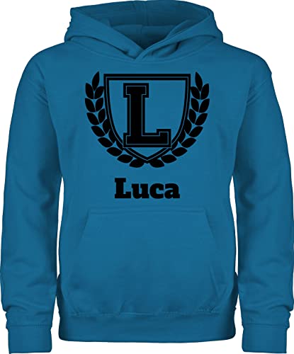 Kinder Hoodie Jungen Mädchen - Anfangsbuchstabe Name - College Style Geschenk Namen - 128 (7/8 Jahre) - Himmelblau - Body wunschtext Hoodies Pullover personalisierbare Geschenke Buchstaben Hoody von Geschenk mit Namen personalisiert by Shirtracer