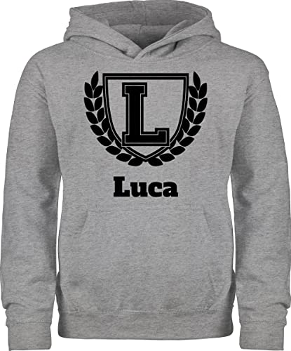 Kinder Hoodie Jungen Mädchen - Anfangsbuchstabe Name - College Style Geschenk Namen - 140 (9/11 Jahre) - Grau meliert - Pullover dem zum selbst Bedrucken Langarm personalisierte Pulli von Geschenk mit Namen personalisiert by Shirtracer