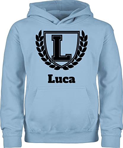 Kinder Hoodie Jungen Mädchen - Anfangsbuchstabe Name - College Style Geschenk Namen - 140 (9/11 Jahre) - Hellblau - Pulli selbst gestalten Buchstaben Buchstabe a reitpullover Pullover Bedrucken von Geschenk mit Namen personalisiert by Shirtracer