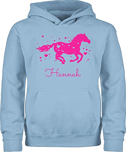 Kinder Hoodie Jungen - Pferd - Pferde Geschenk Mädchen - 128 (7/8 Jahre) - Hellblau - Pullover personalisierte Geschenke Reiter Pulli für reiten Sachen Hoody Oberteil pferdefans Hoddy Name von Geschenk mit Namen personalisiert by Shirtracer