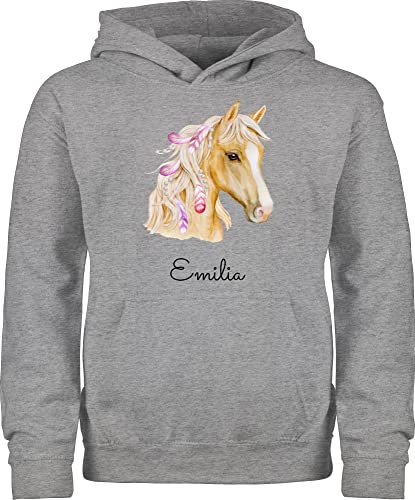 Kinder Hoodie Jungen Mädchen - Pferd Pferde - Pferdekopf - 152 (12/13 Jahre) - Grau meliert - für pferdeliebhaber hudi reitoberteil horse pullunder pullover wunschtext pferdemotiv kinderkleidung von Geschenk mit Namen personalisiert by Shirtracer