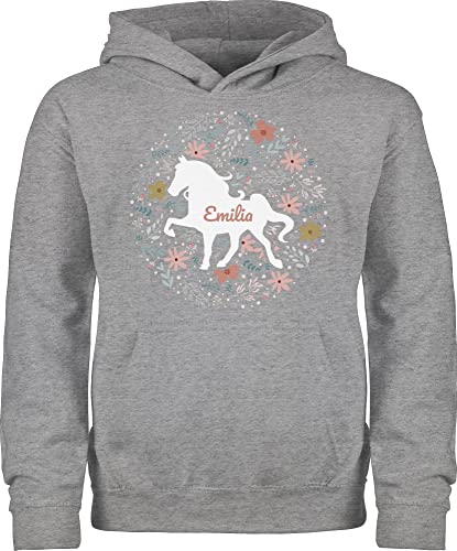 Kinder Hoodie Jungen Mädchen - Pferde - Pferd - Pferdemädchen - 140 (9/11 Jahre) - Grau meliert - pullover reiten geschenke für reiterinnen selbst bedrucken pulli name pferden von Geschenk mit Namen personalisiert by Shirtracer