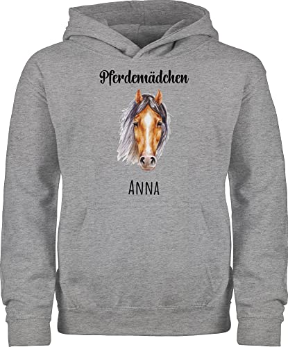 Kinder Hoodie Jungen Mädchen - Pferd Pferde - Pferdemädchen III - 152 (12/13 Jahre) - Grau meliert - personalisierte Geschenke Reiter Pullunder Pulli pferdegeschenk Reiterin Kapuzenpulli Motiv von Geschenk mit Namen personalisiert by Shirtracer