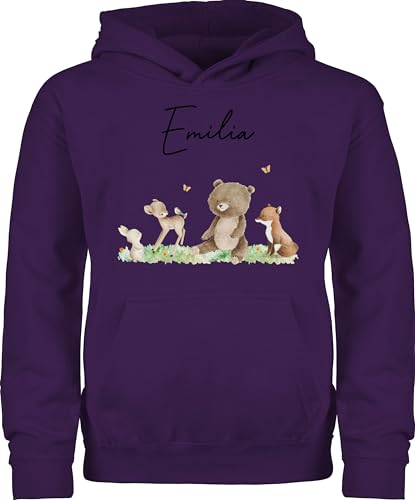 Kinder Hoodie Jungen Mädchen - Waldtiere Tiere Wald Tier Hase REH Bär Fuchs - 128 (7/8 Jahre) - Lila - kleine personalisierte Geschenke Tieren Junge Elefant Personalisieren Dino Name und von Geschenk mit Namen personalisiert by Shirtracer