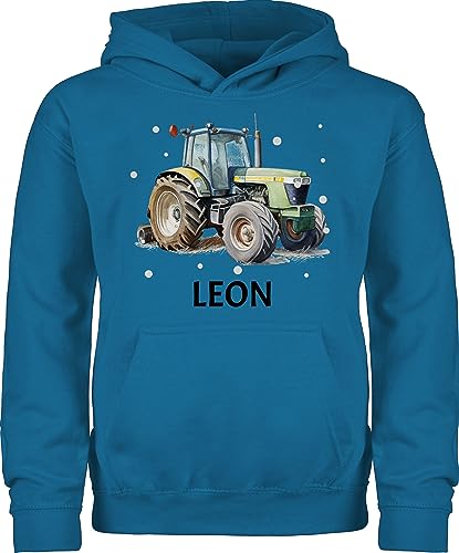 Kinder Hoodie Jungen Mädchen - Traktor - Trecker Name - 128 (7/8 Jahre) - Himmelblau - hoody traktormotiv pullover jungs für traktorfahrer pulli traktorfans junge traktor, tractors bauer landwirt von Geschenk mit Namen personalisiert by Shirtracer