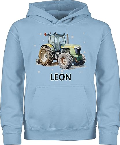 Kinder Hoodie Jungen Mädchen - Trecker Name I Trecker Fan I Traktor Geschenk personalisiert I Geschenk Landwirt - 128 (7/8 Jahre) - Hellblau - Pulli Traktoren Leon Pullover Junge Bulldog Bauer von Geschenk mit Namen personalisiert by Shirtracer