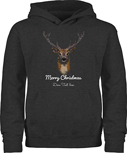 Kinder Hoodie Jungen Mädchen - Weihnachten Geschenke - Pixel Hirsch mit Wunschtext - 116 (5/6 Jahre) - Anthrazit meliert - personalisierte Weihnachts Name Frohe 2022 Pullover Weihnachtszeit von Geschenk mit Namen personalisiert by Shirtracer