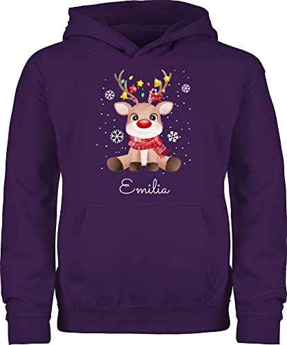 Kinder Hoodie Jungen Mädchen - Weihnachten Geschenke - Süßes Rentier mit Name Wunschtext - 140 (9/11 Jahre) - Lila - Pulli Christmas Pullover weihnachtsmotiv weihnachtliches von Geschenk mit Namen personalisiert by Shirtracer