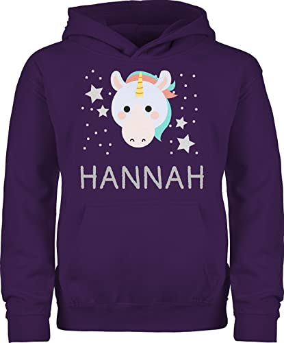 Kinder Hoodie Jungen Mädchen - Einhorn Bild und Dein Name - 128 (7/8 Jahre) - Lila - einhörnern Pullover personalisierte Hoody Geschenke Sweater Motiv Pulli Unicorn Jungs einem Junge eigenem für von Geschenk mit Namen personalisiert by Shirtracer