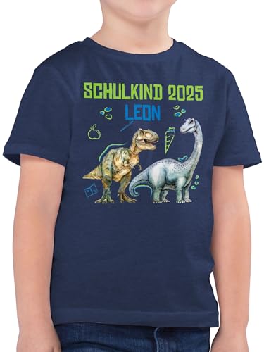 Kinder T-Shirt - Junge - Schulkind 2025 mit Name und Dinosauriern | Einschulung Geschenk Jungen Schulanfang Dino - 140 (9/11 Jahre) - Dunkelblau Meliert - einschulungst-Shirt Jungs schulkinder zur von Geschenk mit Namen personalisiert by Shirtracer