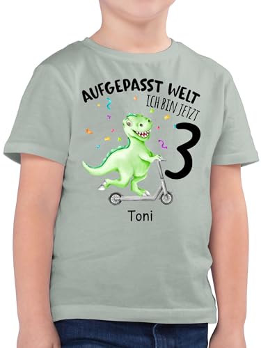 Kinder T-Shirt Jungen - 3. Geburtstag - Aufgepasst Welt - Ich Bin jetzt 3 - Dino Dinosaurier Saurier - 104 (3/4 Jahre) - Sage Grün - personalisierte Geschenke Jahre Junge Shirt Bagger,3 dritter von Geschenk mit Namen personalisiert by Shirtracer