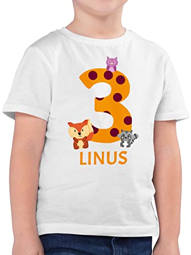 Kinder T-Shirt Jungen - 3. Geburtstag - Waldtiere - Bär Waschbär Fuchs Eule zum Dritten - 104 (3/4 Jahre) - Weiß - geburtstagsshirt 3 Jahre Junge Name Tshirt t-schirt alt Shirt personalisierte von Geschenk mit Namen personalisiert by Shirtracer