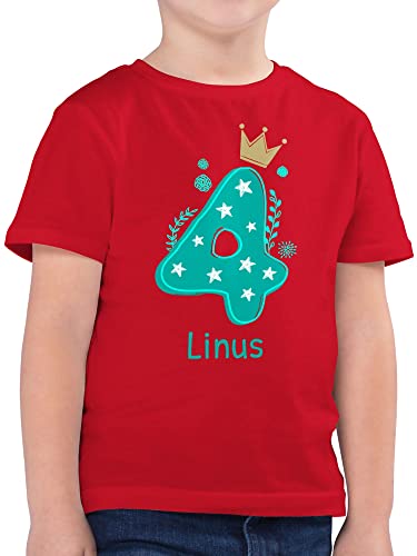Kinder T-Shirt Jungen - 4. Geburtstag - 4 mit Krone und Name - 128 (7/8 Jahre) - Rot - Tshirt Jahre 4.Geburtstag Shirt personalisierte Junge Kindershirt t Geburtstags t-Shirts Personalisieren von Geschenk mit Namen personalisiert by Shirtracer