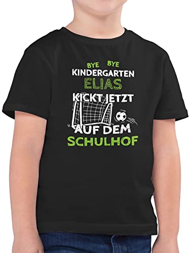 Kinder T-Shirt Jungen - Einschulung Schulanfang Junge - Bye Bye Kindergarten - kickt jetzt auf dem Schulhof - Fußball Tor - weiß - 116 (5/6 Jahre) - Schwarz - Schule Tshirt von Geschenk mit Namen personalisiert by Shirtracer