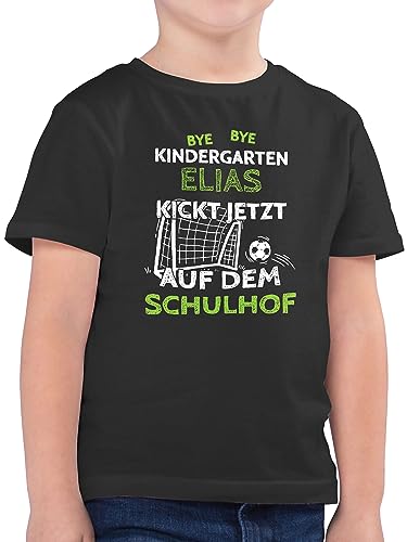 Kinder T-Shirt Jungen - Einschulung Schulanfang Junge - Bye Bye Kindergarten - kickt jetzt auf dem Schulhof - Fußball Tor - weiß - 128 (7/8 Jahre) - Anthrazit - Schule Tshirt von Geschenk mit Namen personalisiert by Shirtracer