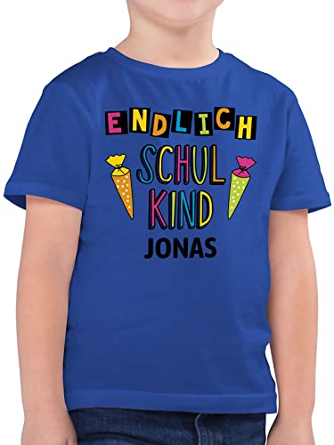 Kinder T-Shirt Jungen - Einschulung Schulanfang Junge - Endlich Schulkind - 128 (7/8 Jahre) - Royalblau - Tshirt erstklassig Shirt Geschenke für schulbeginn t 1 Schultag Name von Geschenk mit Namen personalisiert by Shirtracer
