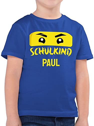 Kinder T-Shirt Jungen - Einschulung Schulanfang Junge - Schulkind Ninja - gelber Schriftzug - 116 (5/6 Jahre) - Royalblau - personalisierte t Shirts Schule einschulungst-Shirt Jungs schulkinder Name von Geschenk mit Namen personalisiert by Shirtracer