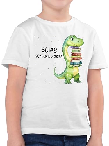 Kinder T-Shirt Jungen - Junge - Einschulung 2025 Schulkind 2025 Schulanfang Dinosaurier mit Namen - 116 (5/6 Jahre) - Grau meliert - einschulungst-Shirt Jungs schulkinder Tshirt von Geschenk mit Namen personalisiert by Shirtracer