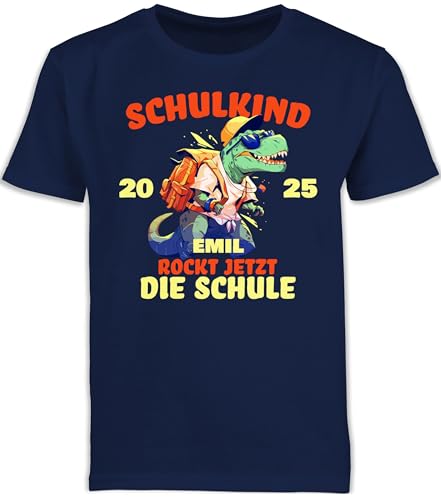 Kinder T-Shirt Jungen - Junge - Schulkind 2025 T-Rex | Ich Rock jetzt die Schule mit Namen | Schulanfang Geschenk Einschulung | Schulkind - 128 (7/8 Jahre) - Navy Blau - einschulungst-Shirt von Geschenk mit Namen personalisiert by Shirtracer