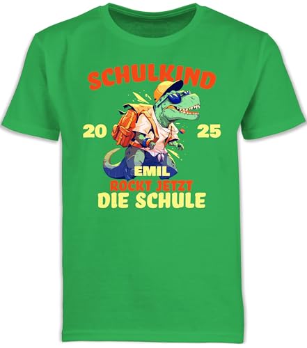 Kinder T-Shirt Jungen - Junge - Schulkind 2025 T-Rex | Ich Rock jetzt die Schule mit Namen | Schulanfang Geschenk Einschulung | Schulkind - 128 (7/8 Jahre) - Grün - einschulungst-Shirt schulkinder von Geschenk mit Namen personalisiert by Shirtracer