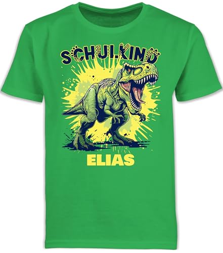 Kinder T-Shirt Jungen - Junge - Schulkind Tyrannosaurus Rex mit Name | Einschulung Dino Geschenk Schulanfang Dinosaurier - 128 (7/8 Jahre) - Grün - einschulungst-Shirt schulkinder 2025 Tshirt von Geschenk mit Namen personalisiert by Shirtracer