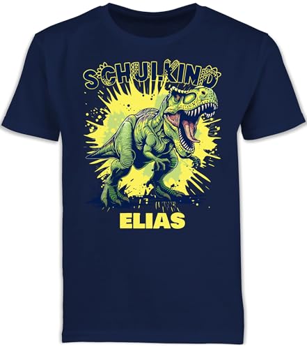 Kinder T-Shirt Jungen - Junge - Schulkind Tyrannosaurus Rex mit Name | Einschulung Dino Geschenk Schulanfang Dinosaurier - 128 (7/8 Jahre) - Navy Blau - einschulungst-Shirt schulkinder 2025 Tshirt von Geschenk mit Namen personalisiert by Shirtracer