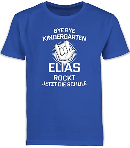 Kinder T-Shirt Jungen Schulanfang - Einschulung Junge - Bye Bye Kindergarten - rockt jetzt die Schule - Rock Hand - weiß - 140 (9/11 Jahre) - Royalblau - Shirt Tshirt Schulkind schulkinder tschüss von Geschenk mit Namen personalisiert by Shirtracer