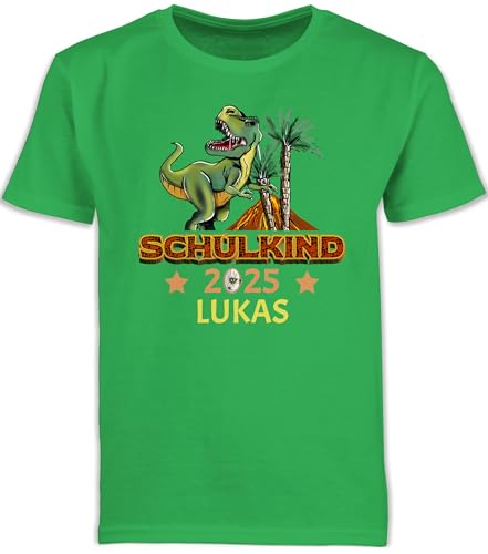 Kinder T-Shirt Jungen Schulanfang - Einschulung Junge - Schulkind 2025 T-Rex Dino Dinosaurier - 128 (7/8 Jahre) - Grün - Schule Tshirt 2023 einschulungst-Shirt schulkinder 2024 kindershirts von Geschenk mit Namen personalisiert by Shirtracer