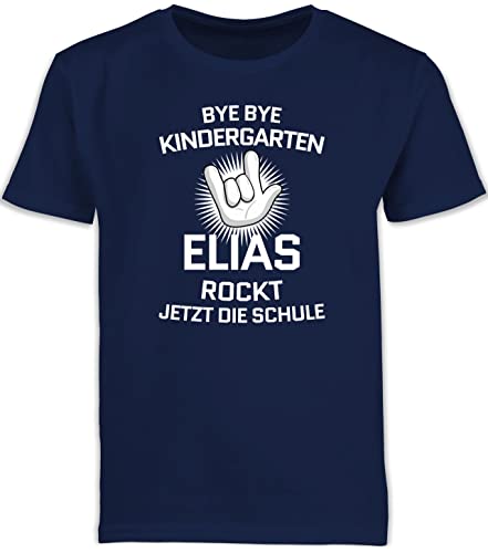 Kinder T-Shirt Jungen Schulanfang - Einschulung Junge - Bye Bye Kindergarten - rockt jetzt die Schule - Rock Hand - weiß - 128 (7/8 Jahre) - Navy Blau - Shirt Tshirt Schulkind schulkinder tschüss von Geschenk mit Namen personalisiert by Shirtracer