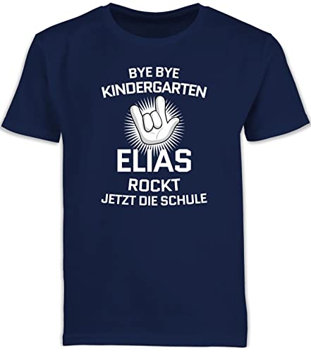 Kinder T-Shirt Jungen Schulanfang - Einschulung Junge - Bye Bye Kindergarten - rockt jetzt die Schule - Rock Hand - weiß - 128 (7/8 Jahre) - Navy Blau - schul ich Rocke t Shirt Name von Geschenk mit Namen personalisiert by Shirtracer