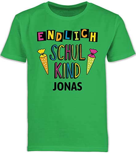 Kinder T-Shirt Jungen Schulanfang - Einschulung Junge - Endlich Schulkind - 128 (7/8 Jahre) - Grün - Kindergarten Schule Tshirt Kleidung einschulungsshirts Schulstart erster t Shirt von Geschenk mit Namen personalisiert by Shirtracer