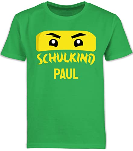 Kinder T-Shirt Jungen Schulanfang - Einschulung Junge - Schulkind Ninja - gelber Schriftzug - 128 (7/8 Jahre) - Grün - schulstarter Tshirt Kind einschulungsshirt Jungs Schulstart Shirts von Geschenk mit Namen personalisiert by Shirtracer