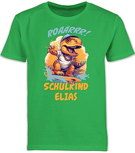 Kinder T-Shirt Jungen Schulanfang - Einschulung Junge - Schulkind Dino Dinosaurier Skateboard - 128 (7/8 Jahre) - Grün - einschulungsshirt Jungs Schulstart t Shirts Shirt einschulungs Outfit von Geschenk mit Namen personalisiert by Shirtracer