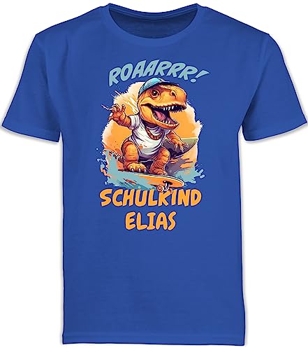 Kinder T-Shirt Jungen Schulanfang - Einschulung Junge - Schulkind Dino Dinosaurier Skateboard - 128 (7/8 Jahre) - Royalblau - Tshirt schulanfänger Schule Kindergarten Shirts Shirt von Geschenk mit Namen personalisiert by Shirtracer