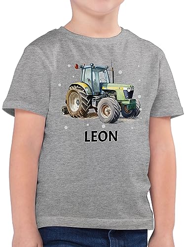 Kinder T-Shirt Jungen - Traktor - Trecker Name - 128 (7/8 Jahre) - Grau meliert - t Shirt Tshirt Bauer Shirts traktormotiv Junge traktorfahrer Kind Bauern für Landwirtschaft personalisiertes von Geschenk mit Namen personalisiert by Shirtracer