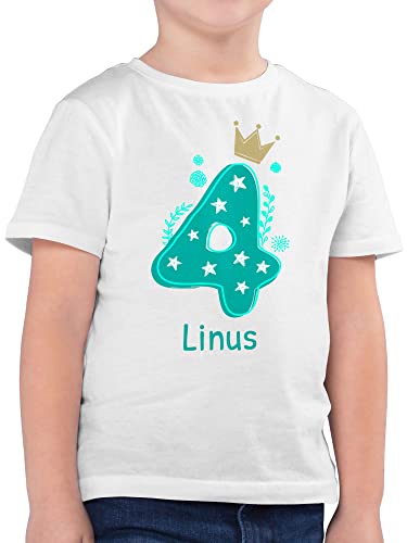 Kinder T-Shirt Jungen - 4. Geburtstag - 4 mit Krone und Name - 116 (5/6 Jahre) - Weiß - Tshirt Jahre 4.Geburtstag Shirt personalisierte Junge Kindershirt t Geburtstags t-Shirts Personalisieren von Geschenk mit Namen personalisiert by Shirtracer