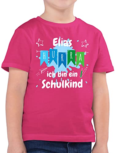 Kinder T-Shirt Jungen - Einschulung Schulanfang Junge - Hurra ich Bin EIN Schulkind - 128 (7/8 Jahre) - Fuchsia - t Shirt schulanfänger erster Schultag Tshirt personalisiertes von Geschenk mit Namen personalisiert by Shirtracer