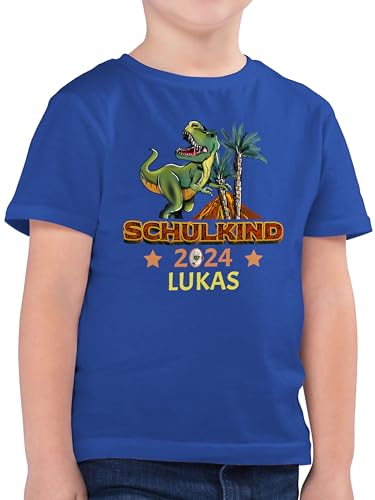 Kinder T-Shirt Jungen - Einschulung Schulanfang Junge - Schulkind 2024 T-Rex Dino Dinosaurier - 128 (7/8 Jahre) - Royalblau - schulanfangsgeschenk t- Shirt Tshirt t von Geschenk mit Namen personalisiert by Shirtracer