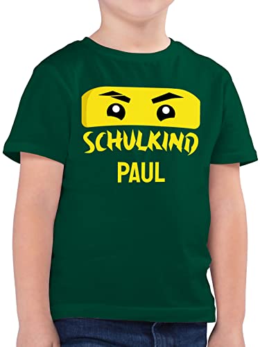 Kinder T-Shirt Jungen - Einschulung Schulanfang Junge - Schulkind Ninja - gelber Schriftzug - 128 (7/8 Jahre) - Tannengrün - Shirt schulanfänger erster Schultag Tshirt t Name personalisiertes von Geschenk mit Namen personalisiert by Shirtracer